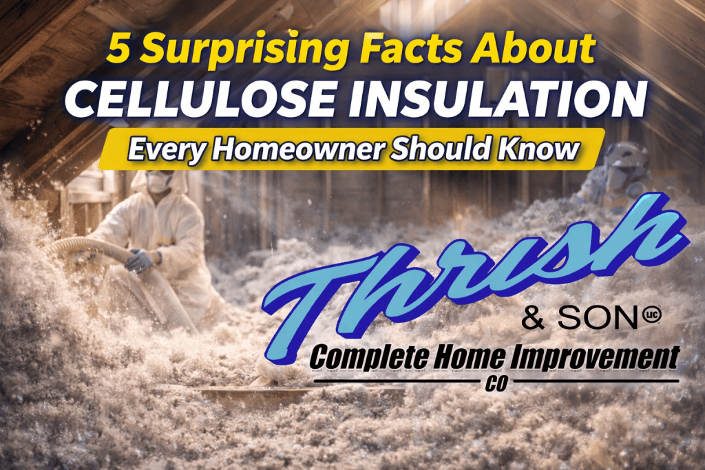 Attic installation of cellulose insulation showing professionals blowing insulation to improve home energy efficiency and comfort | Thrush & Son®