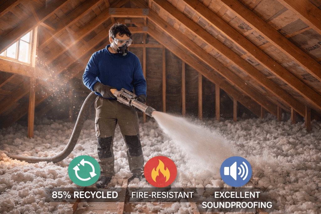 Contractor in blue shirt installing blown cellulose insulation in attic with protective mask and equipment to improve home energy efficiency