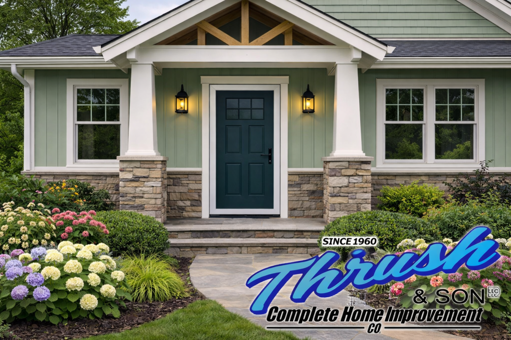 Steel storm doors installed on a modern home entrance with stone pillars, landscaped walkway, and decorative exterior lighting