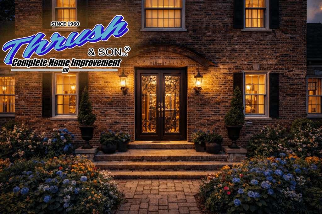 Steel storm doors enhancing the entryway and curb appeal of a historic brick home with decorative ironwork and illuminated front entrance at dusk
