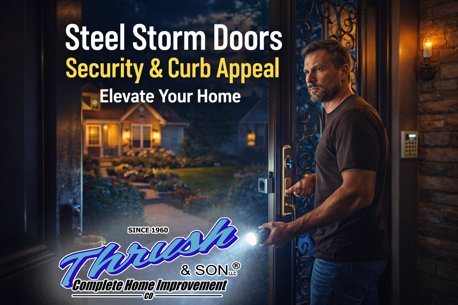 Steel storm doors improving home security and curb appeal at residential front entryway installed by Thrush & Son