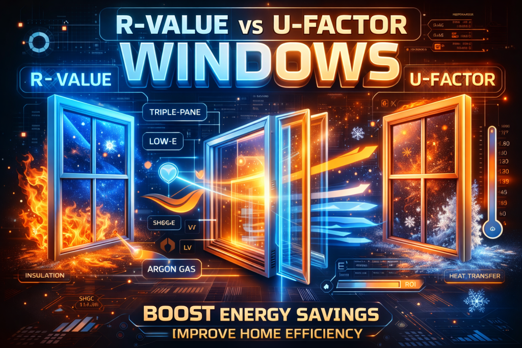 Visual guide explaining Window Efficiency through R-Value and U-Factor heat transfer in modern energy efficient windows