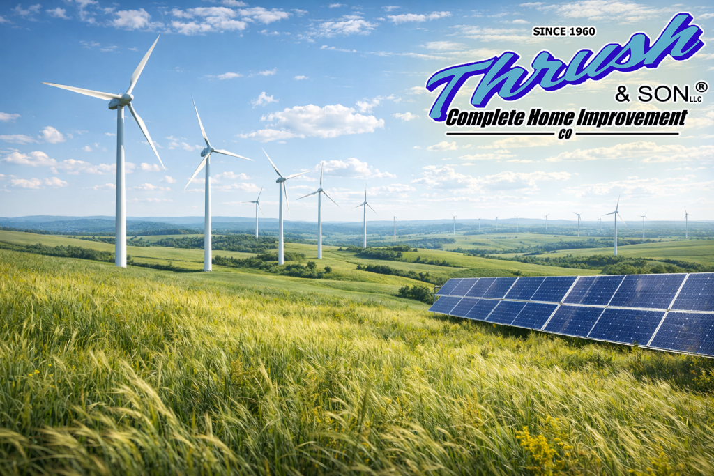 Green City renewable energy landscape with wind turbines, solar panels, rolling hills, and tall grass under a bright sky