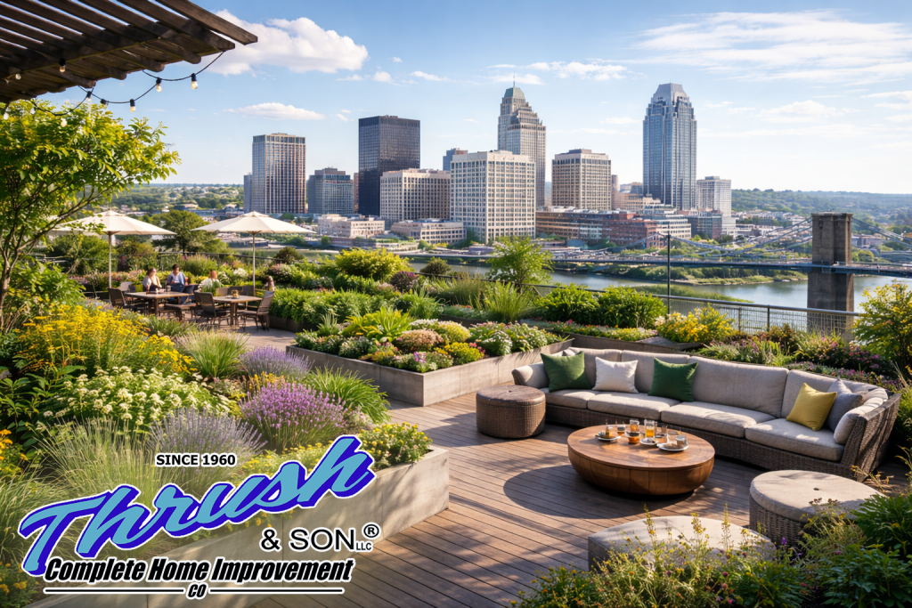 Green City rooftop garden overlooking a downtown skyline with native plants, seating areas, and sustainable design elements