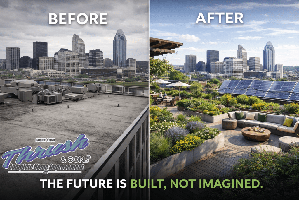 Green City rooftop transformation showing before concrete surface and after vibrant garden with solar panels and outdoor living space