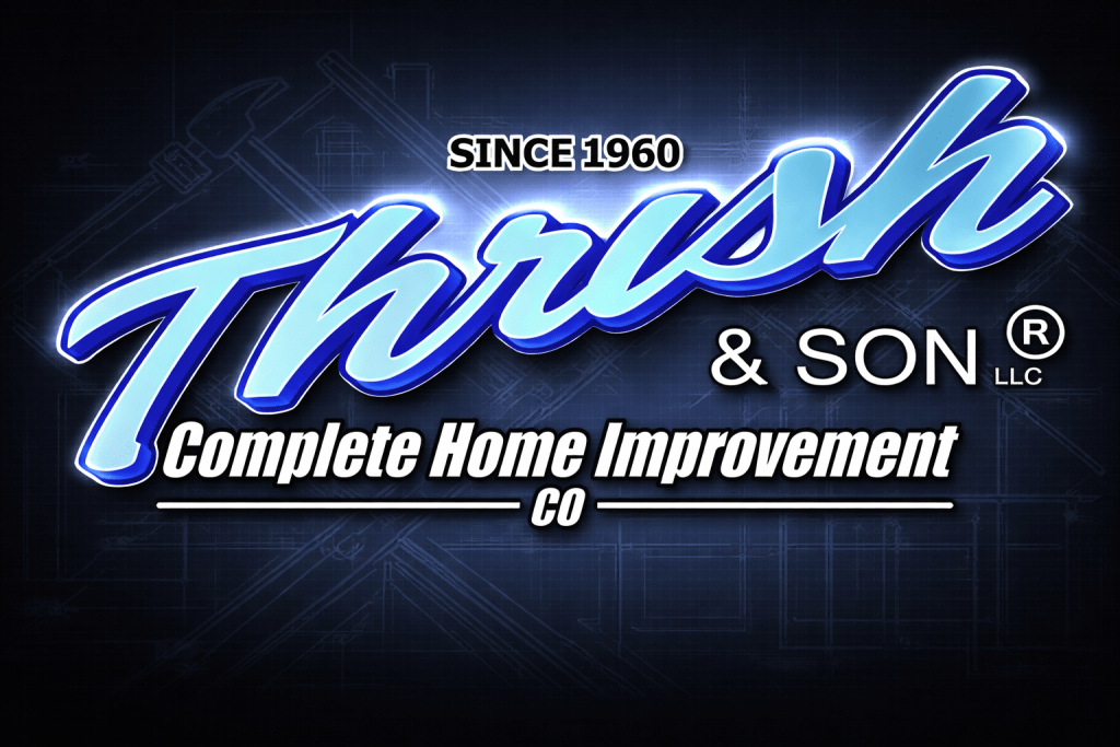 Thrush & Son Complete Home Improvement Co logo over blueprint background representing Your Home Improvement Dream built on experience since 1960.
