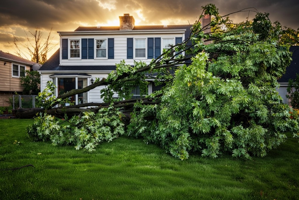 Wind storm damage causing a tree to fall onto a residential home.