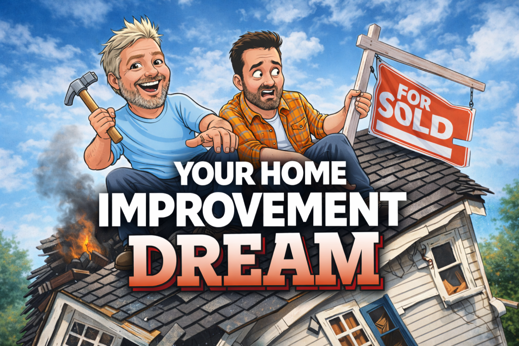 Cartoon illustration of Your Home Improvement Dream turning chaotic as two homeowners sit on a damaged roof with a sold sign and smoke rising.