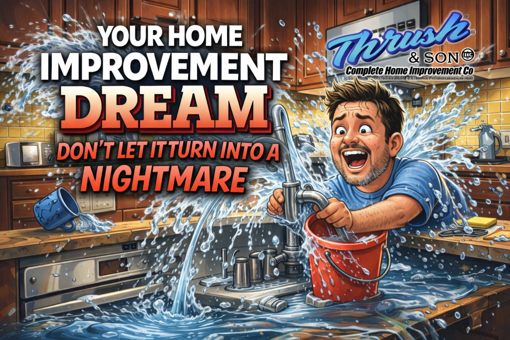 Funny cartoon of Your Home Improvement Dream becoming a nightmare as a homeowner struggles with a burst pipe flooding the kitchen.