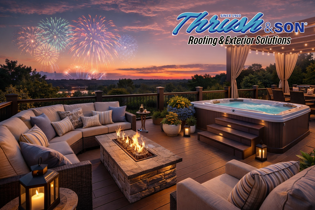 Luxury composite deck with hot tub, fire feature, and fireworks at sunset overlooking a scenic valley.