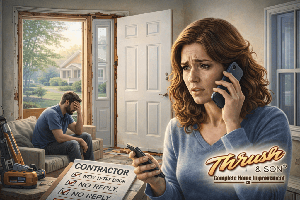 Homeowner on the phone after a poor new door installation, with unfinished trim and visible gaps showing the risks of hiring the wrong contractor.