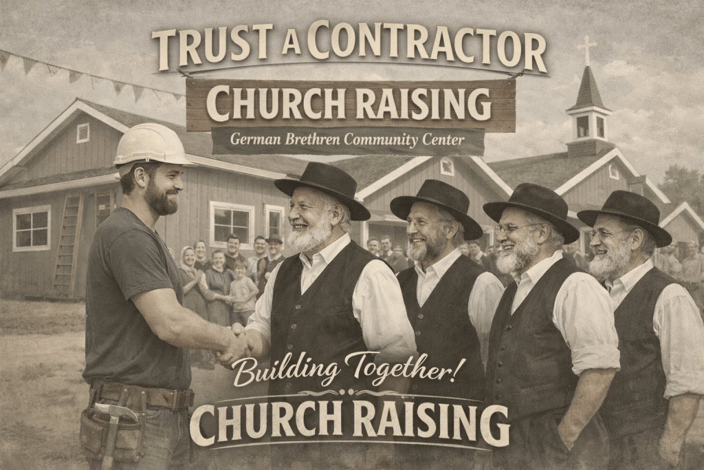 Contractor shaking hands with German Brethren community members during a church raising event at their new community center, highlighting trust a contractor and professional siding installation.