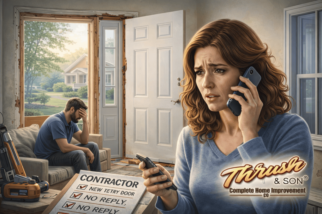 Homeowners frustrated with an unfinished entry door installation, why finding the right company matters