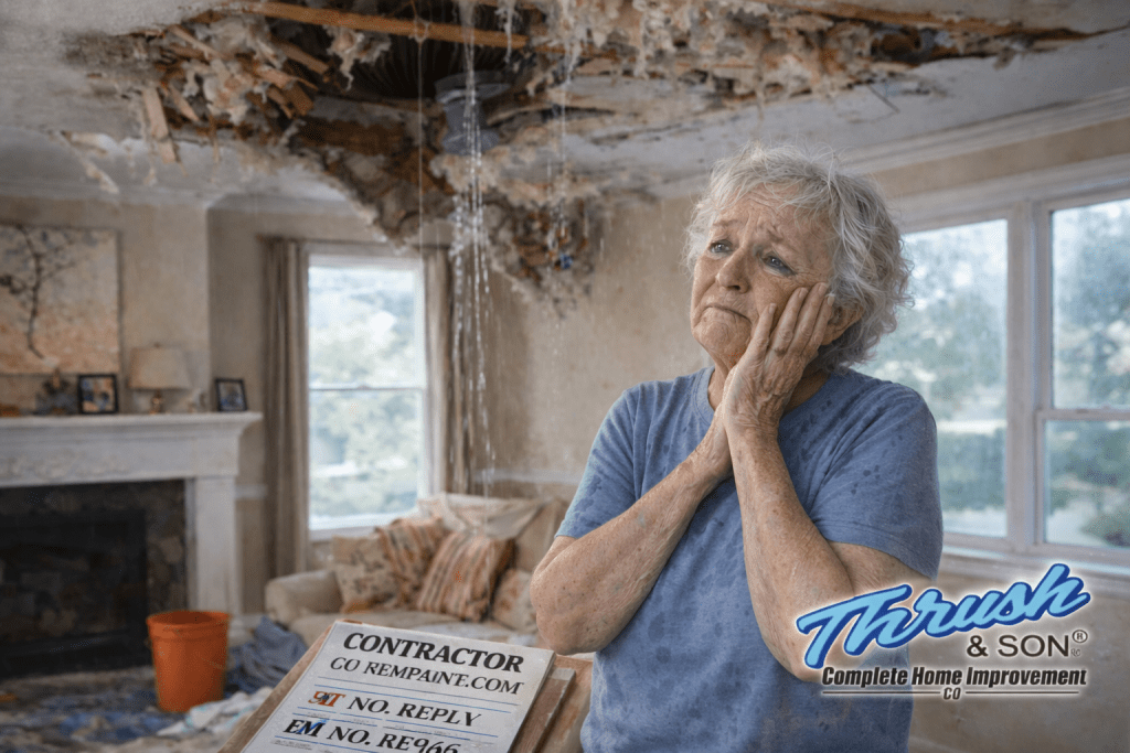 Elderly homeowner looking defeated under collapsed ceiling from severe roof leak damage – Finding the Right Company matters