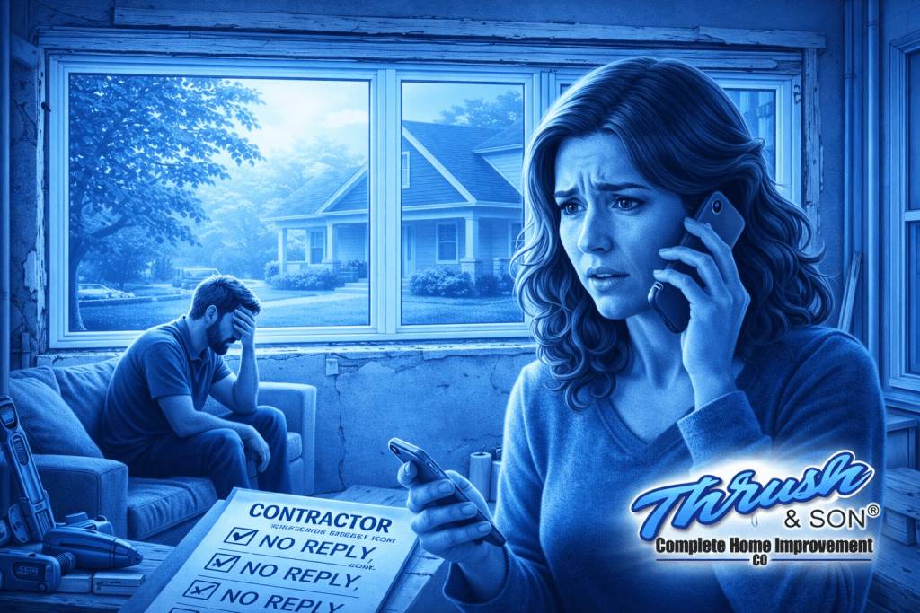 Frustrated homeowner calling contractor about unfinished picture window trim while husband sits upset in background