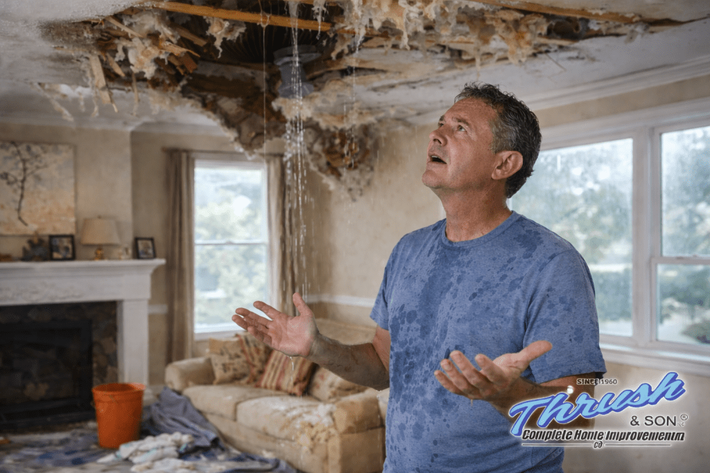 Homeowner standing under collapsed ceiling from severe roof leak with Thrush & Son Roofing & Exterior Solutions logo