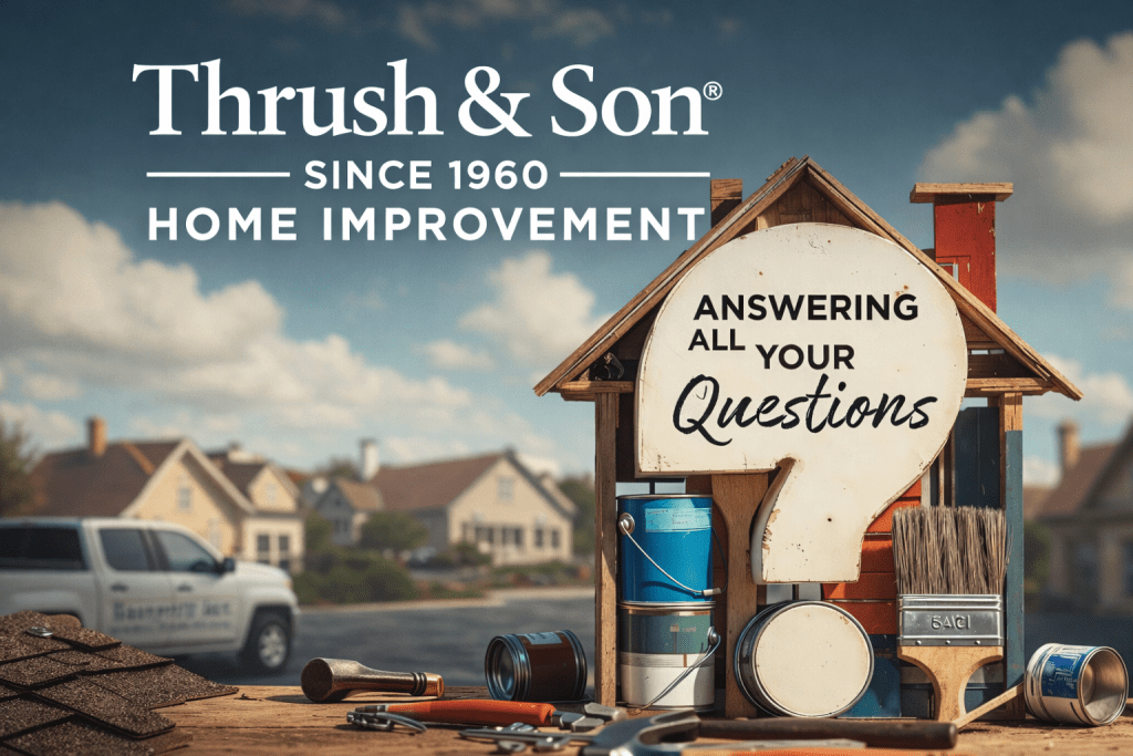 We have answers at Thrush & Son® home improvement featuring roofing shingles, paint cans, and tools inside a house-shaped display