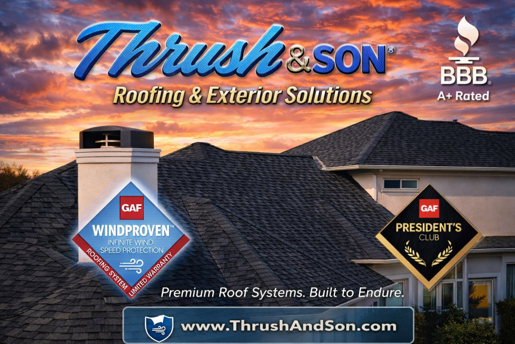 Finally Arrived premium roofing systems from Thrush & Son® featuring GAF wind protection and President’s Club recognition