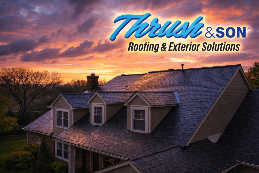 Homeowners learning about their roof while viewing a professionally installed shingle roofing system at sunset