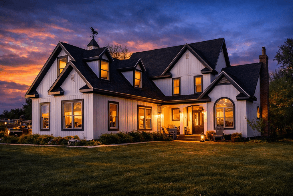 About Vinyl Siding showcased on a white farmhouse exterior at sunset