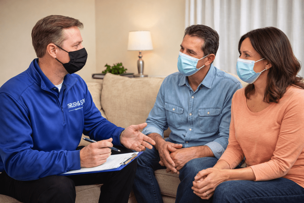 Coronavirus pandemic of 2020 Thrush & Son sales consultant meeting homeowners indoors wearing masks and practicing social distancing
