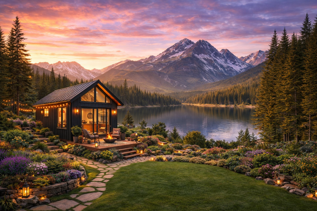 Tiny homes madness featuring a cozy modern cabin overlooking a mountain lake at sunset with warm outdoor lighting.