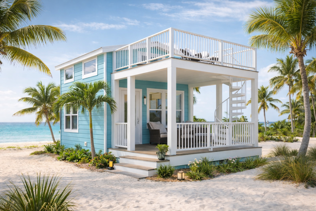 Tiny homes madness highlighting a bright coastal tiny home on a sandy beach surrounded by palm trees and ocean views.