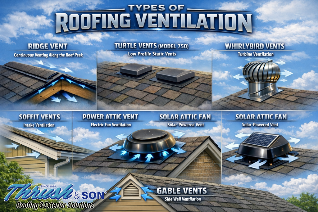 Attic ventilation options including ridge vents, soffit vents, gable vents, turbine vents, and solar attic fans.