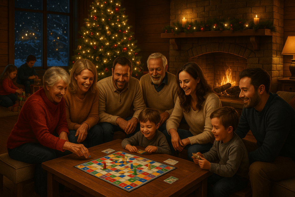 Merry Christmas family gathering playing board games by the fireplace