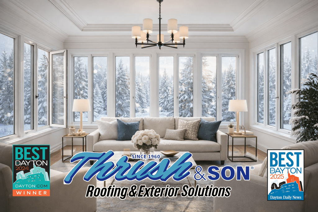 Home remodeling project showcasing energy-efficient replacement windows and a bright modern interior designed for winter comfort