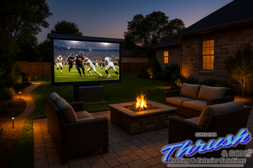 Outdoor space family hangout with backyard screen, seating, and game-day fun