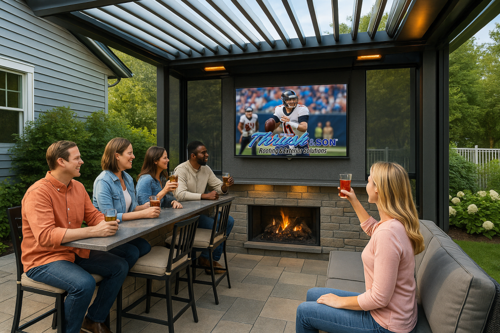 Outdoor space pergola upgrade with outdoor bar, mounted TV, and modern comfort