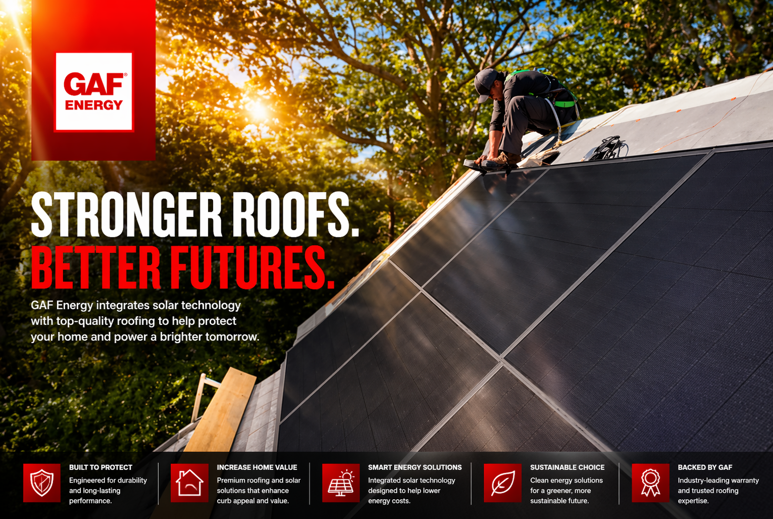 GAF Solar roof installation in progress with technician securing integrated solar panels as part of a residential solar glossary guide.