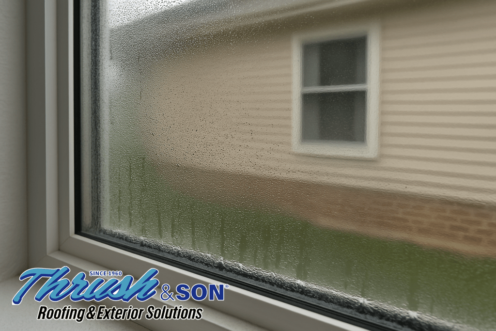 Severe condensation forming along the bottom edge of a double-pane window in an Ohio home, showing moisture buildup and visibility issues.