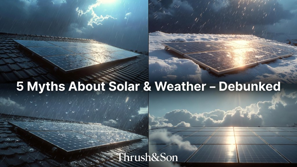 5 myths about solar debunked: high-efficiency solar panels generating power through heavy rain, thick snow, hail, and clouds on a quality roof, installed by Thrush & Son for reliable energy in any weather
