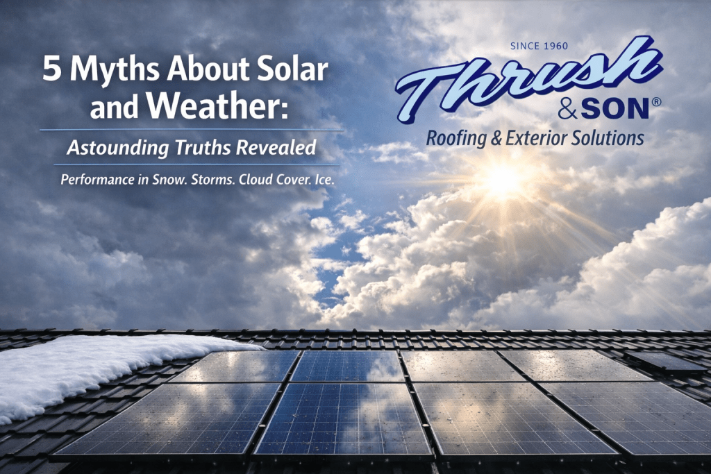 5 Myths About Solar and Weather feature image showing rooftop solar panels under storm clouds and sunlight