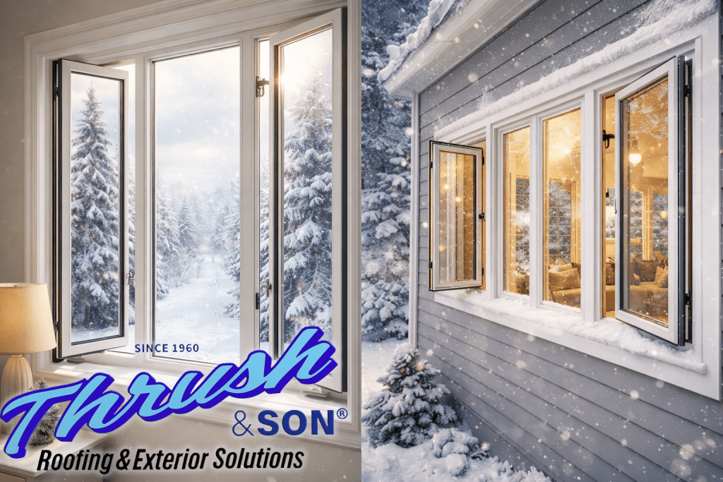 Casement windows shown in a winter setting with energy-efficient glass, warm interior lighting, and snow-covered exterior views