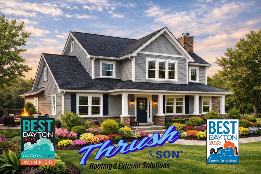 Vinyl siding styles featured on a beautifully upgraded home exterior with fresh landscaping and award-winning craftsmanship from Thrush & Son