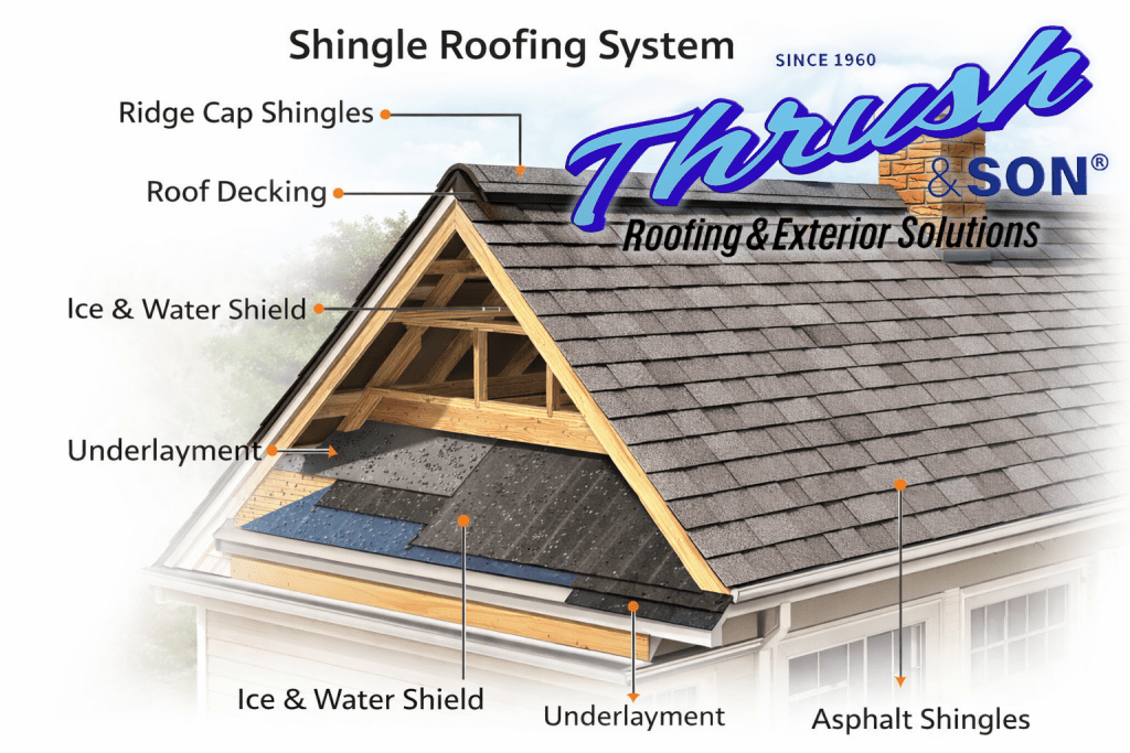 Roof overhead cutaway: Asphalt shingles, underlayment, ice & water shield, roof decking, and ridge caps in a complete shingle roofing system – Thrush & Son guide