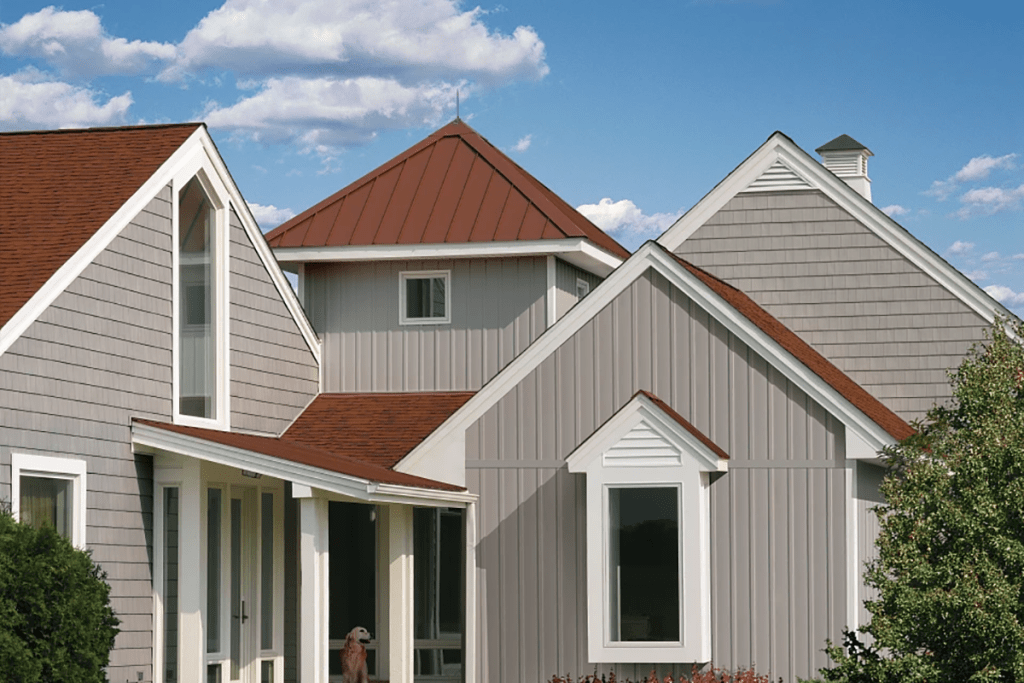 Enhance curb appeal with modern vertical siding, clean trim lines, and a stylish metal roof design on a beautiful residential home