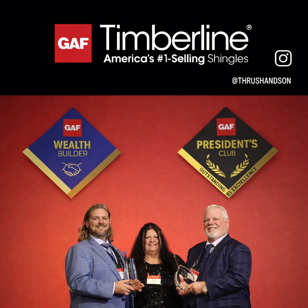 Thrush & Son team receiving GAF President's Club and Wealth Builder awards for excellence in Timberline shingle installations and top shingle colors expertise