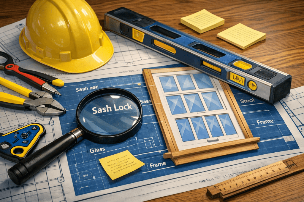 Window Terminology photo showing window sash, glass, frame parts, and contractor tools