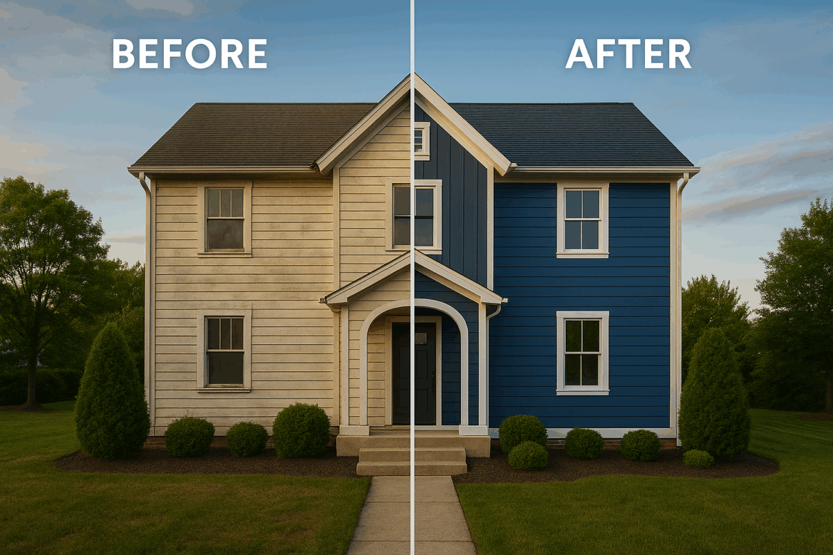 Home Improvement Ideas illustrated through a before and after home exterior siding upgrade improving curb appeal