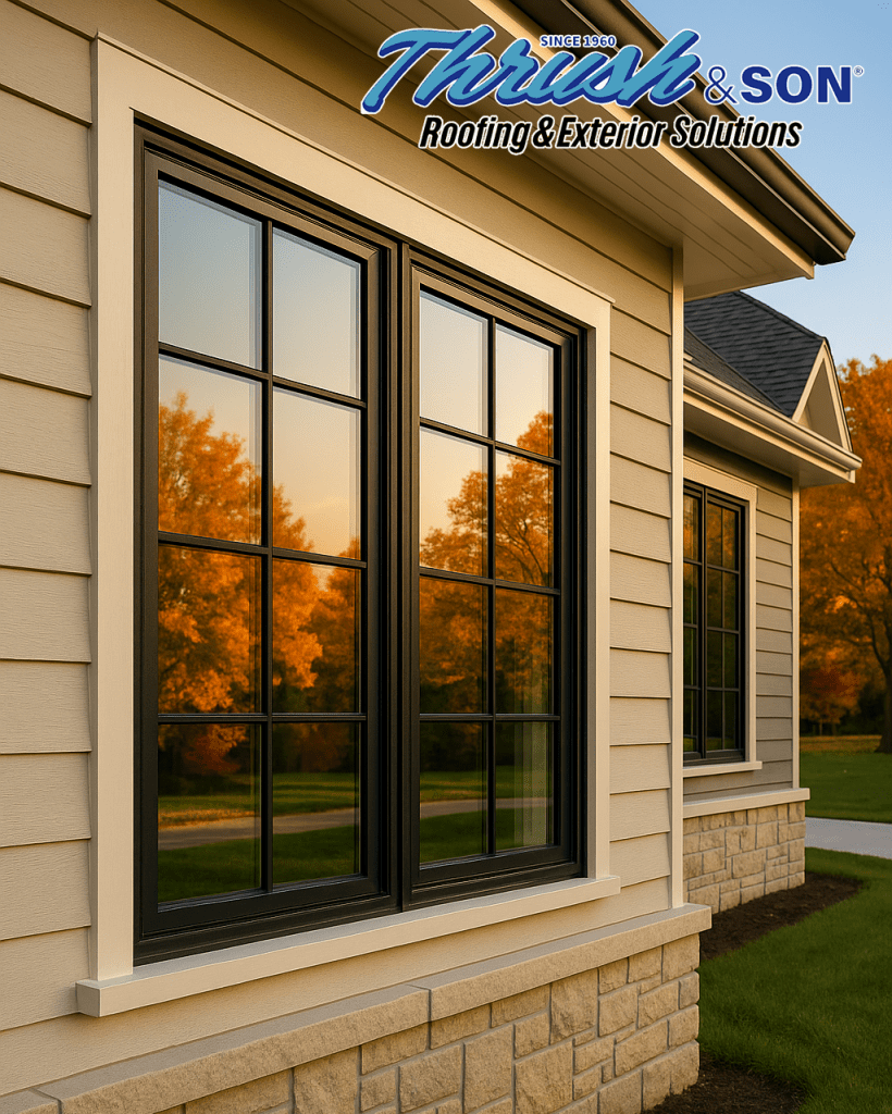 Replacement Window Styles highlighted through sleek black-framed casement windows on a renovated exterior