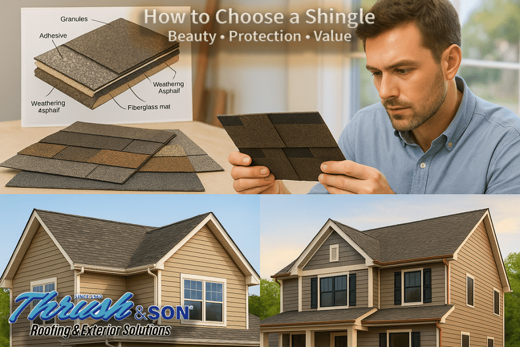 Architectural shingles shown in layered construction as a homeowner compares shingle options for durability, protection, and appearance