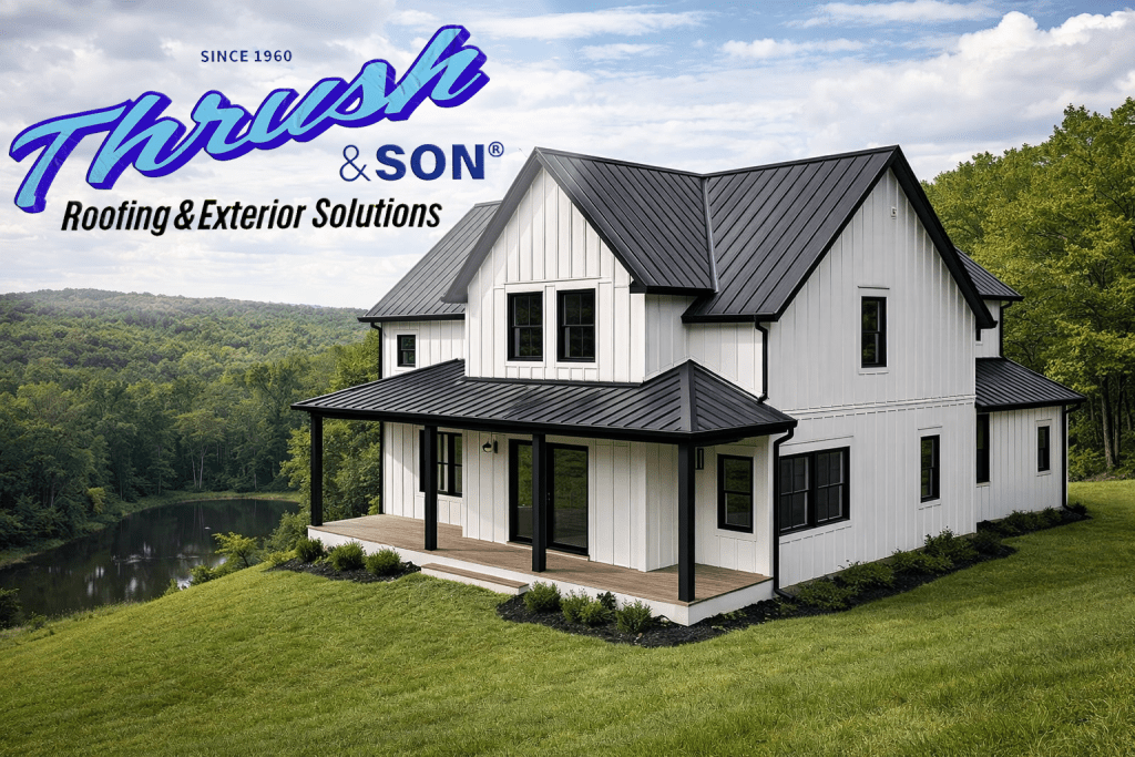 Modern farmhouse look with white board and batten siding, black metal roof, and clean contemporary trim lines