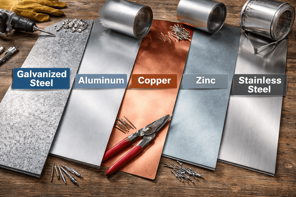 Roof flashing materials displayed side by side, including galvanized steel, aluminum, copper, zinc, and stainless steel used in residential roofing systems