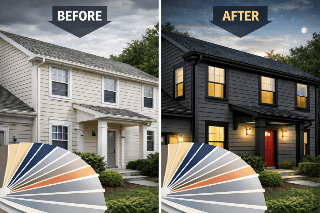 Exterior home trim before and after comparison showing how dark gray siding and black trim dramatically improve curb appeal and architectural definition