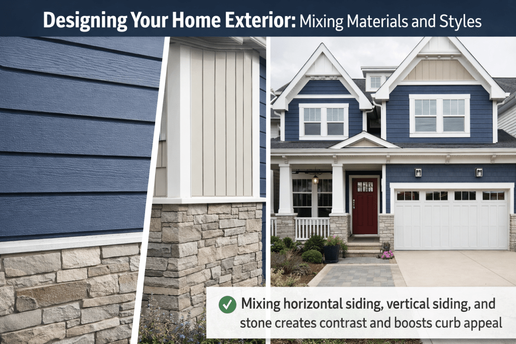 Designing your home exterior using mixed materials such as horizontal siding, vertical siding, and stone accents to enhance curb appeal