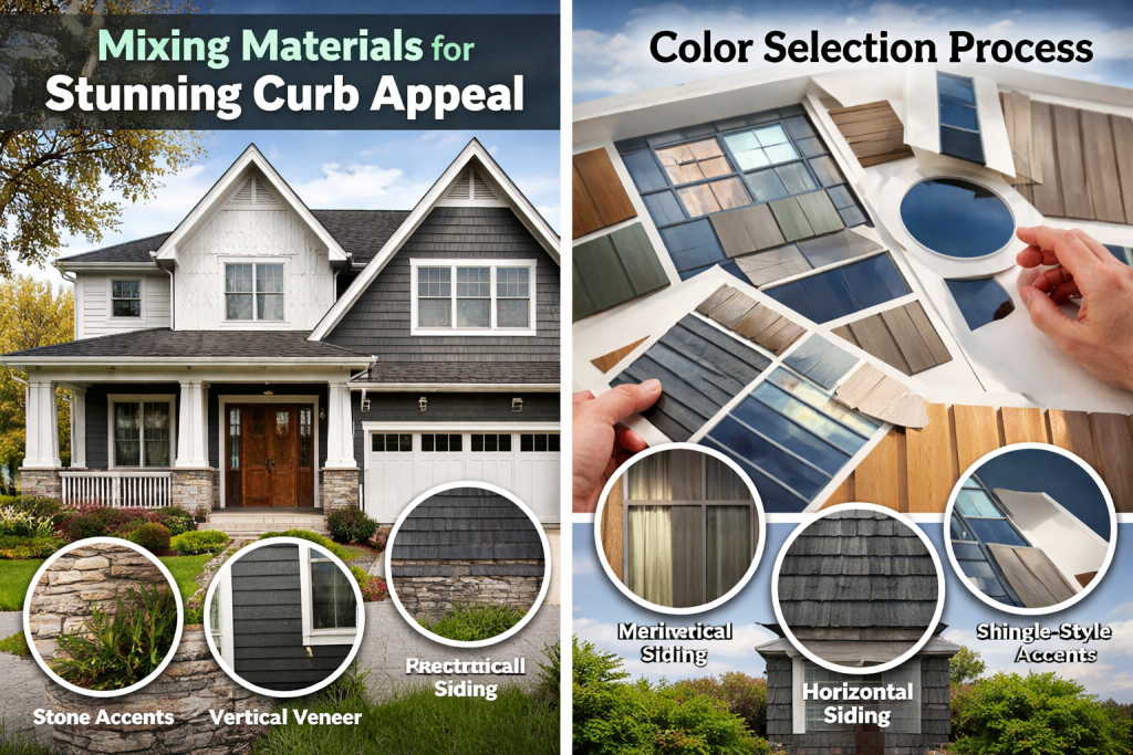 Designing your home exterior by selecting coordinated siding colors, textures, and materials to create a cohesive exterior design